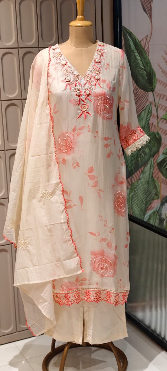 Floral Popped Embroidered Neckline Rosy Petal Printed Full Suit Set WIth Dupatta In HO Silk Fabric- 14791  RB420