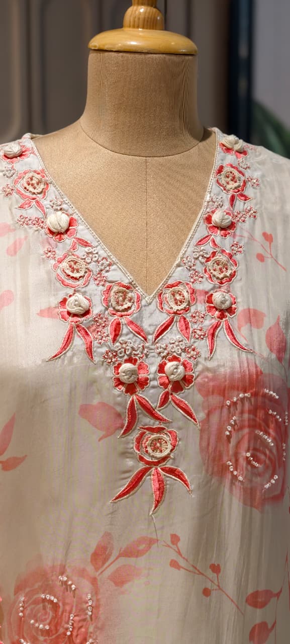 Floral Popped Embroidered Neckline Rosy Petal Printed Full Suit Set WIth Dupatta In HO Silk Fabric- 14791  RB420