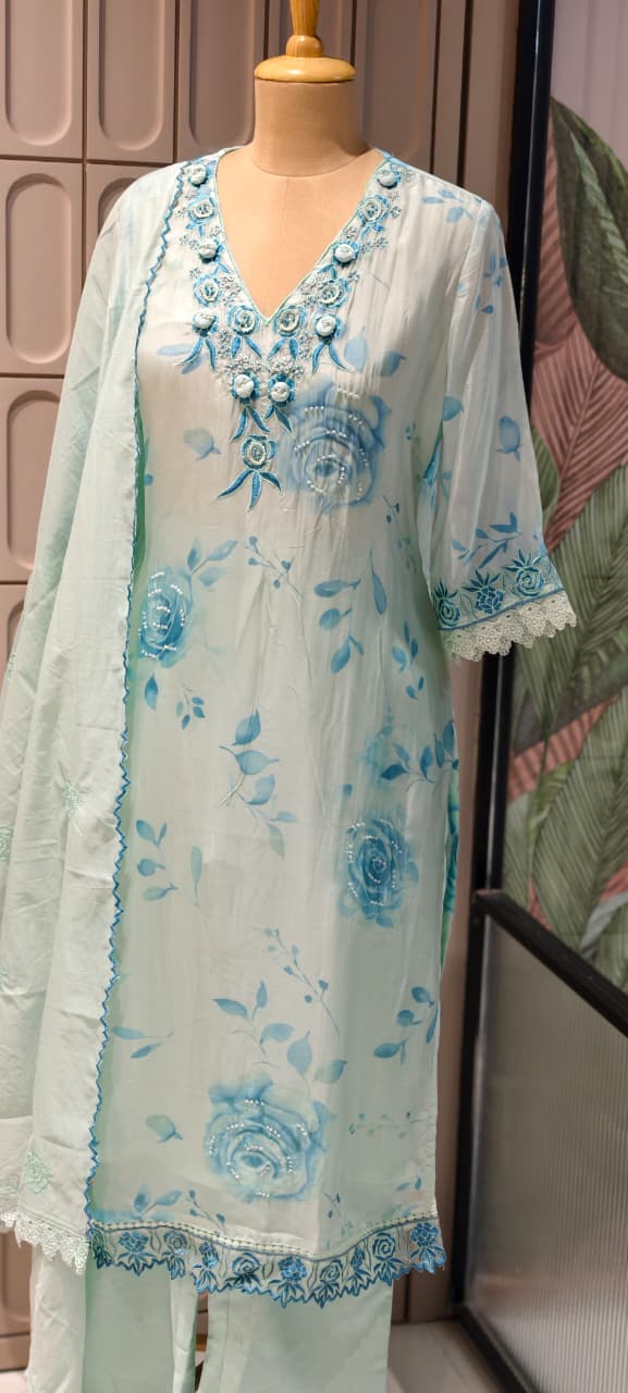 Floral Popped Embroidered Neckline Rosy Petal Printed Full Suit Set WIth Dupatta In HO Silk Fabric- 14791  RB420