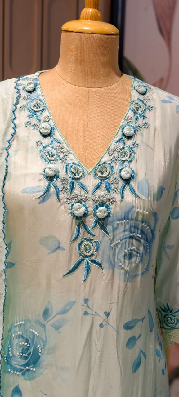 Floral Popped Embroidered Neckline Rosy Petal Printed Full Suit Set WIth Dupatta In HO Silk Fabric- 14791  RB420