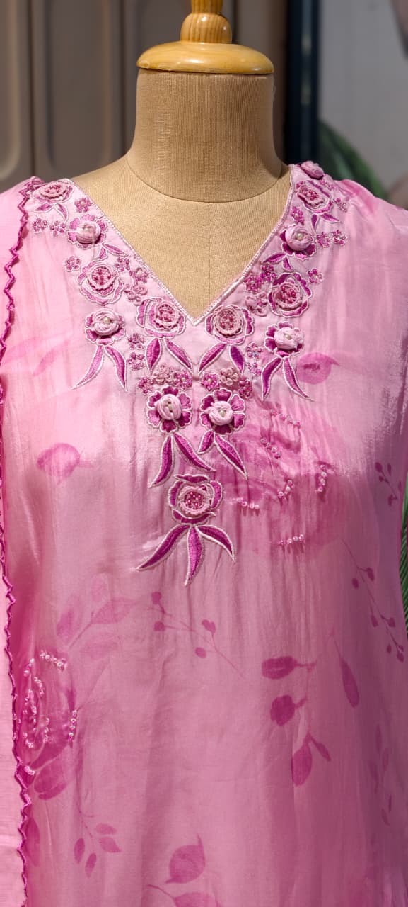 Floral Popped Embroidered Neckline Rosy Petal Printed Full Suit Set WIth Dupatta In HO Silk Fabric- 14791  RB420