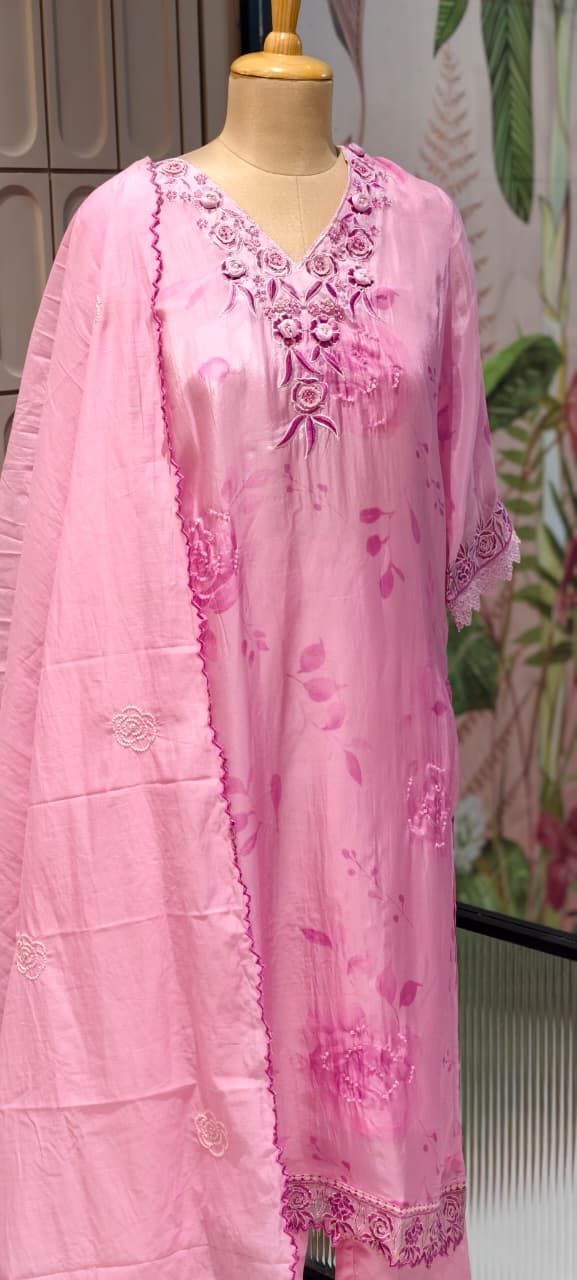 Floral Popped Embroidered Neckline Rosy Petal Printed Full Suit Set WIth Dupatta In HO Silk Fabric- 14791  RB420