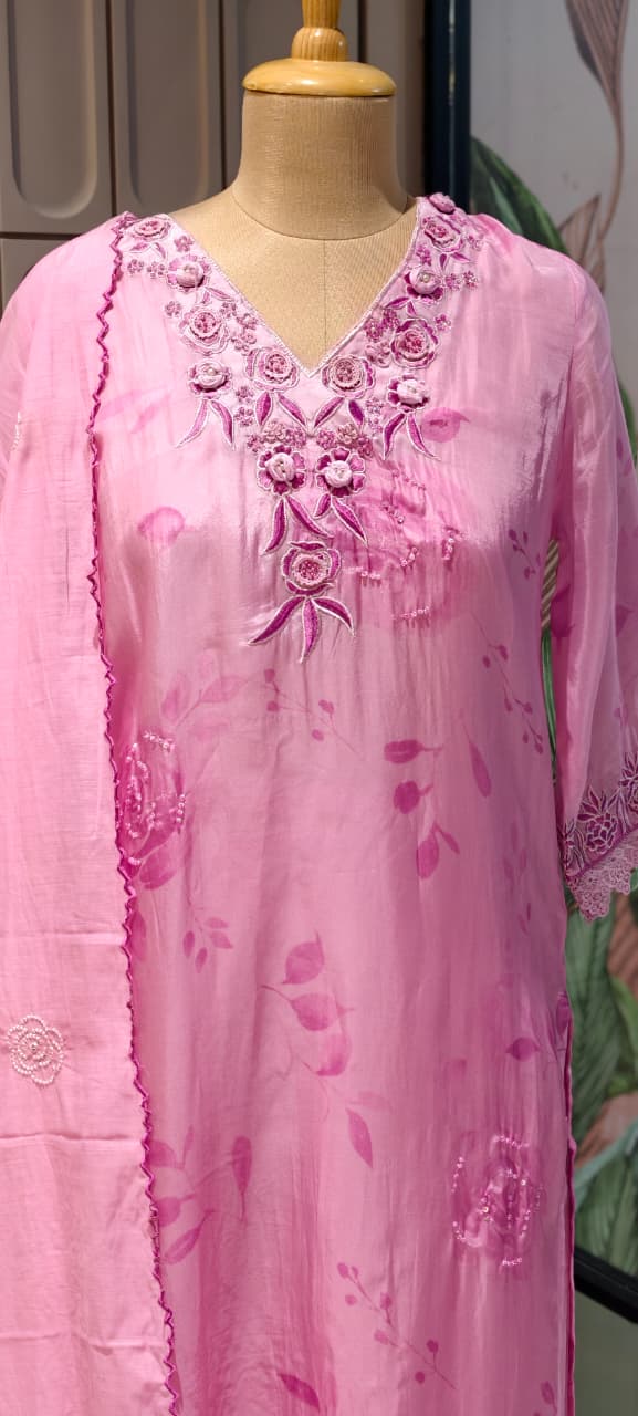 Floral Popped Embroidered Neckline Rosy Petal Printed Full Suit Set WIth Dupatta In HO Silk Fabric- 14791  RB420