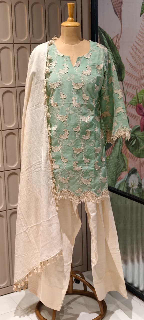 Premium Chevron Floral Popped Crosia Touch Full Suit Set With Tasseled Dupatta & Farsi Bottom- 14787 RB414