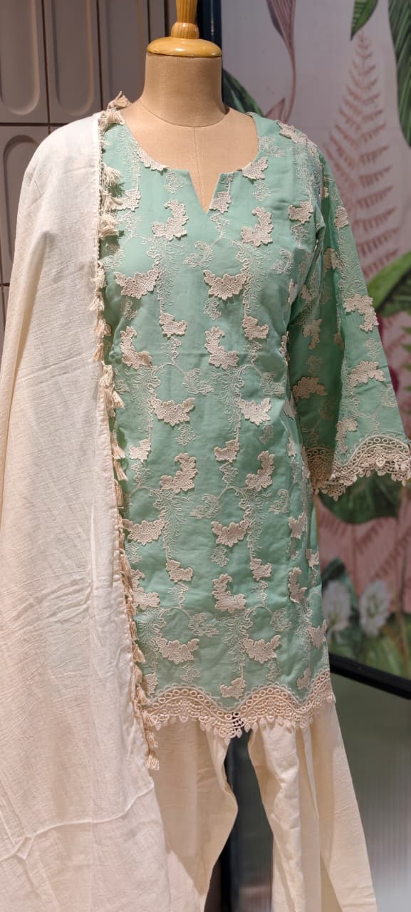 Premium Chevron Floral Popped Crosia Touch Full Suit Set With Tasseled Dupatta & Farsi Bottom- 14787 RB414