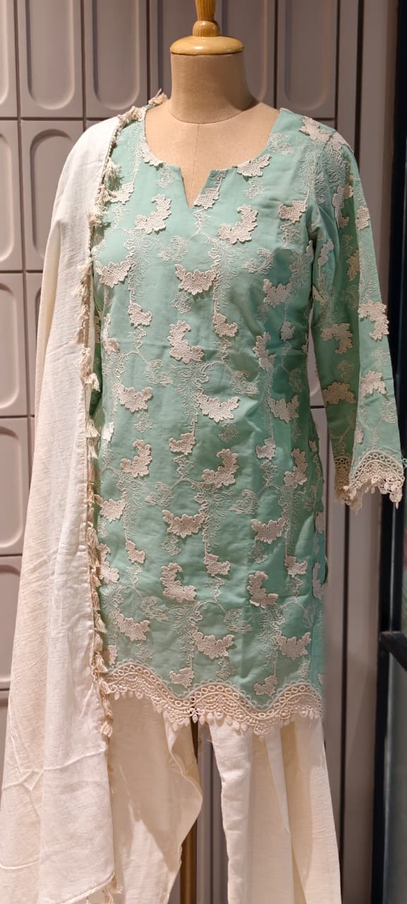 Premium Chevron Floral Popped Crosia Touch Full Suit Set With Tasseled Dupatta & Farsi Bottom- 14787 RB414