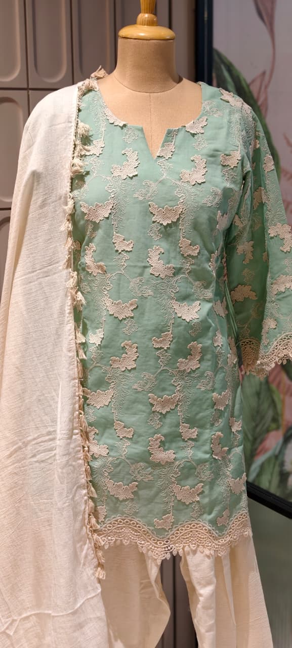 Premium Chevron Floral Popped Crosia Touch Full Suit Set With Tasseled Dupatta & Farsi Bottom- 14787 RB414