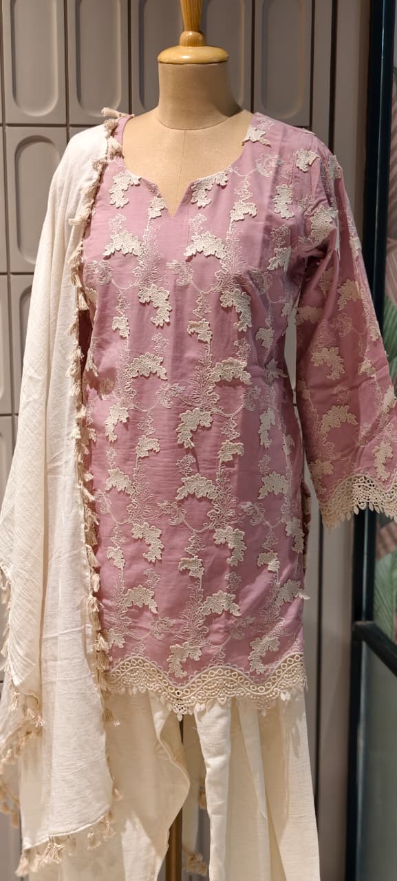 Premium Chevron Floral Popped Crosia Touch Full Suit Set With Tasseled Dupatta & Farsi Bottom- 14787 RB414