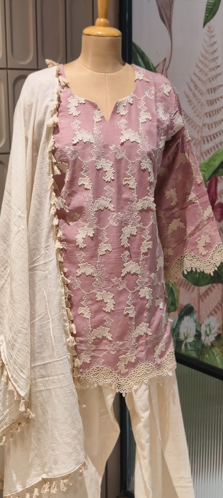 Premium Chevron Floral Popped Crosia Touch Full Suit Set With Tasseled Dupatta & Farsi Bottom- 14787 RB414