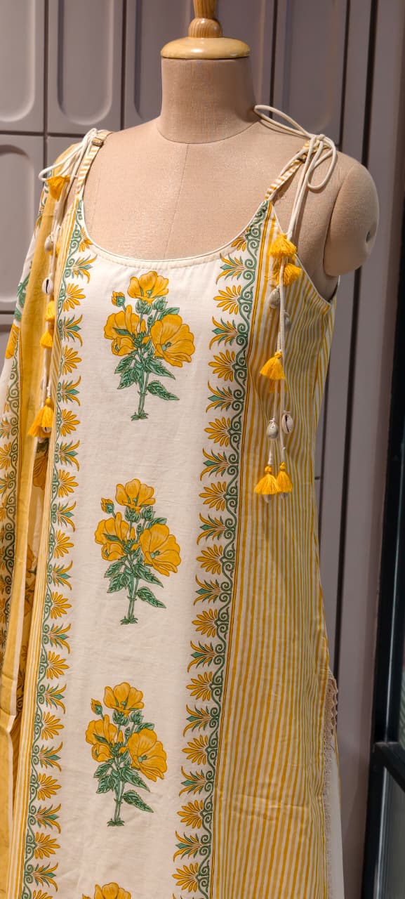 Strappy Kodi Tassel Sleeveless Printed Cotton Full Suit Set With Dupatta- 14794 RB410