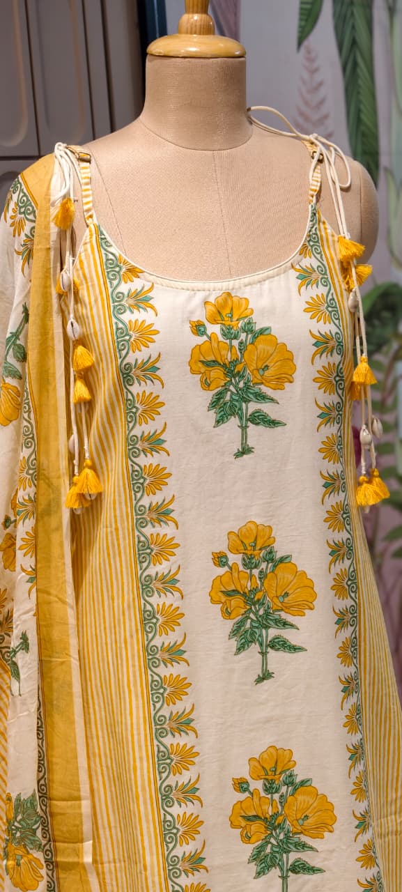 Strappy Kodi Tassel Sleeveless Printed Cotton Full Suit Set With Dupatta- 14794 RB410