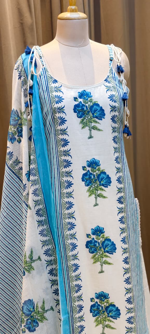 Strappy Kodi Tassel Sleeveless Printed Cotton Full Suit Set With Dupatta- 14794 RB410