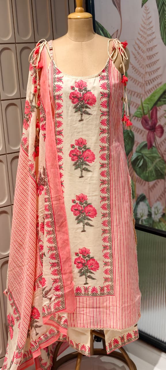 Strappy Kodi Tassel Sleeveless Printed Cotton Full Suit Set With Dupatta- 14794 RB410