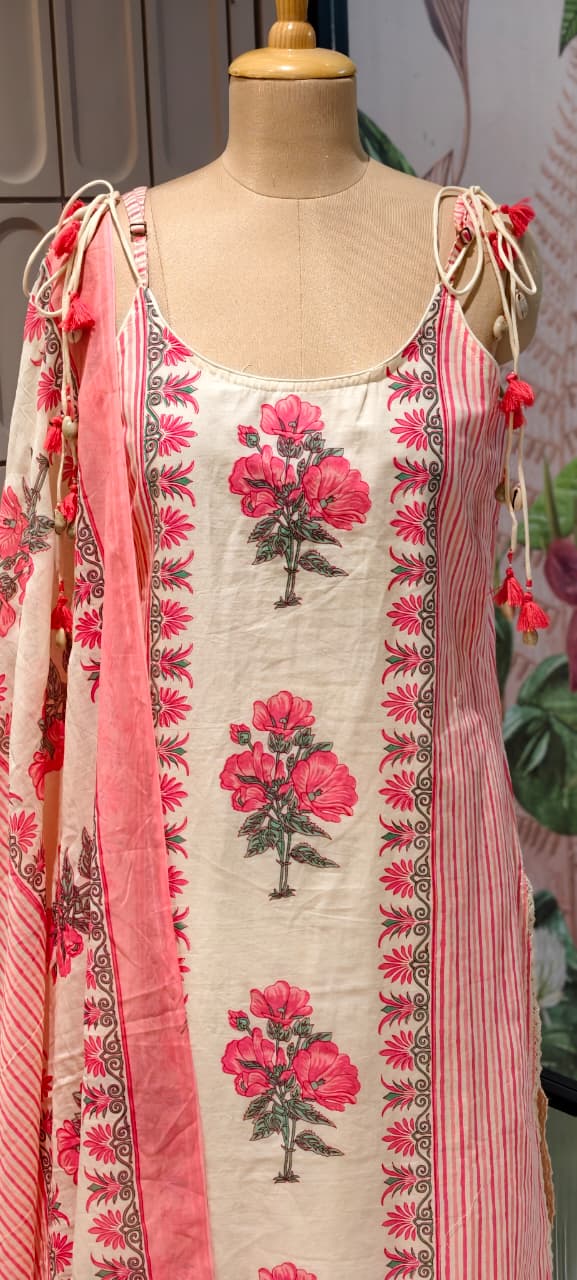 Strappy Kodi Tassel Sleeveless Printed Cotton Full Suit Set With Dupatta- 14794 RB410