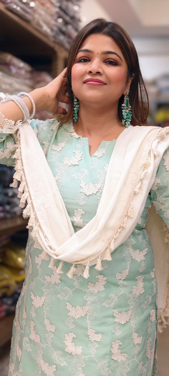 Premium Chevron Floral Popped Crosia Touch Full Suit Set With Tasseled Dupatta & Farsi Bottom- 14787 RB414