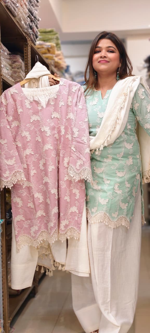 Premium Chevron Floral Popped Crosia Touch Full Suit Set With Tasseled Dupatta & Farsi Bottom- 14787 RB414