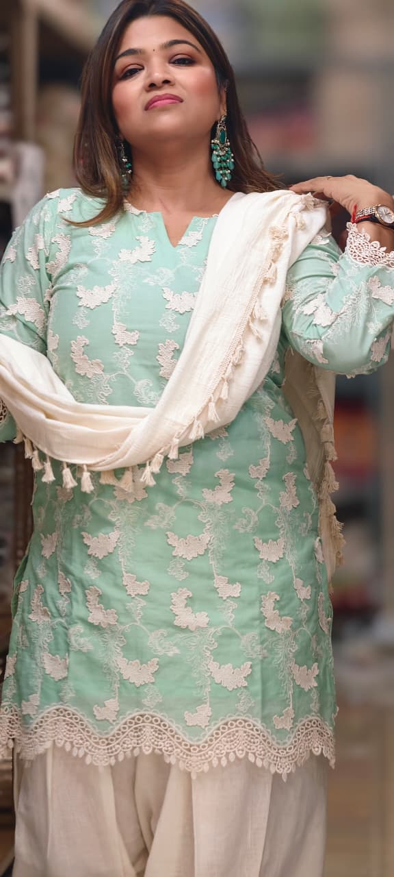 Premium Chevron Floral Popped Crosia Touch Full Suit Set With Tasseled Dupatta & Farsi Bottom- 14787 RB414