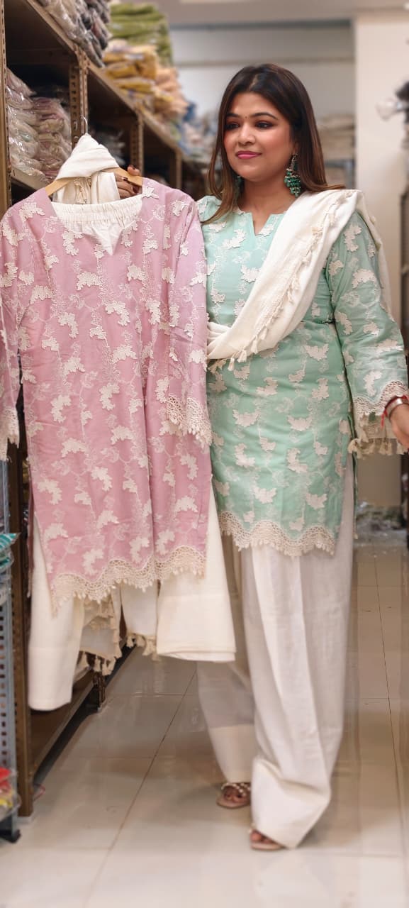 Premium Chevron Floral Popped Crosia Touch Full Suit Set With Tasseled Dupatta & Farsi Bottom- 14787 RB414