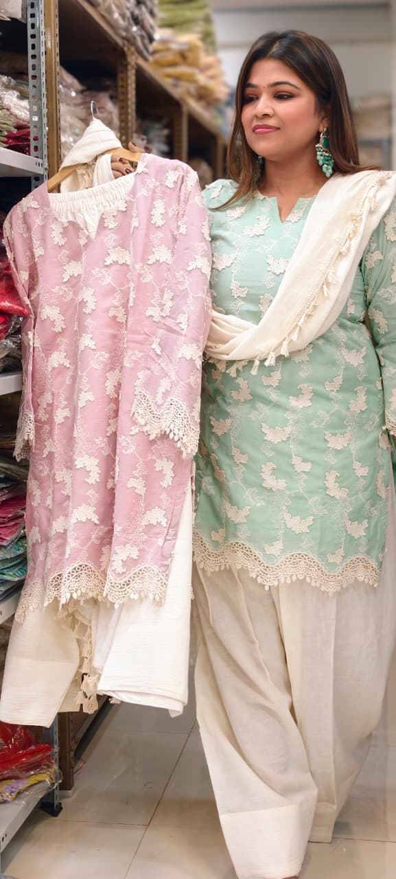 Premium Chevron Floral Popped Crosia Touch Full Suit Set With Tasseled Dupatta & Farsi Bottom- 14787 RB414