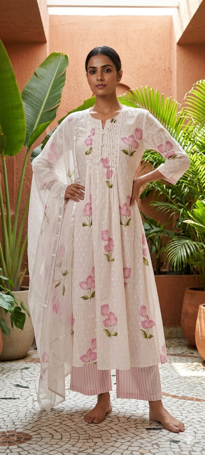 Elegant Floral Blush Pleated Mul Cotton Printed A-Line Full Suit Set With Dupatta- 14673 RB413