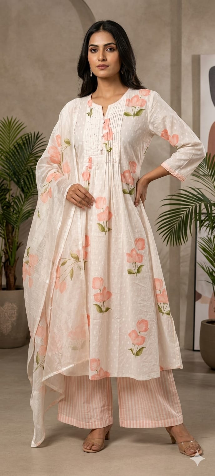 Elegant Floral Blush Pleated Mul Cotton Printed A-Line Full Suit Set With Dupatta- 14673 RB413