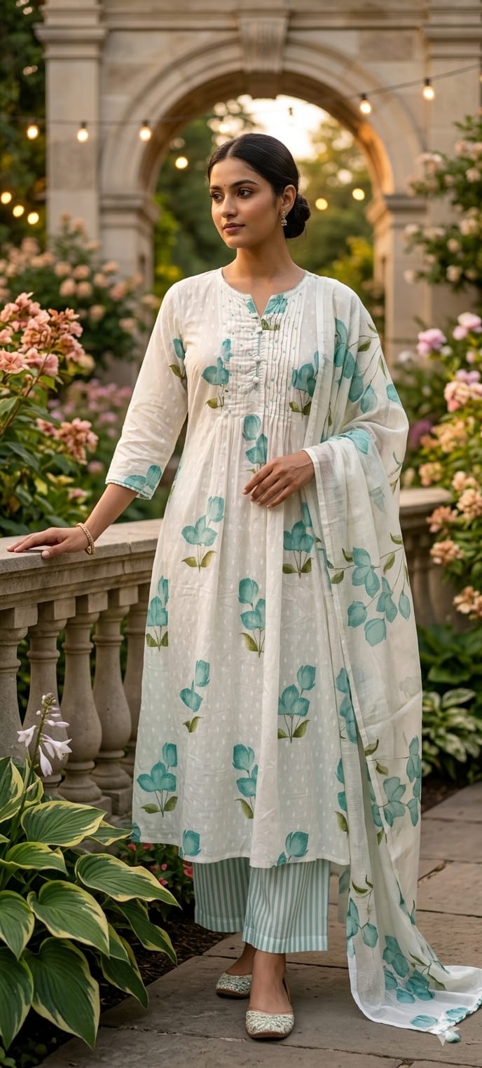 Elegant Floral Blush Pleated Mul Cotton Printed A-Line Full Suit Set With Dupatta- 14673 RB413