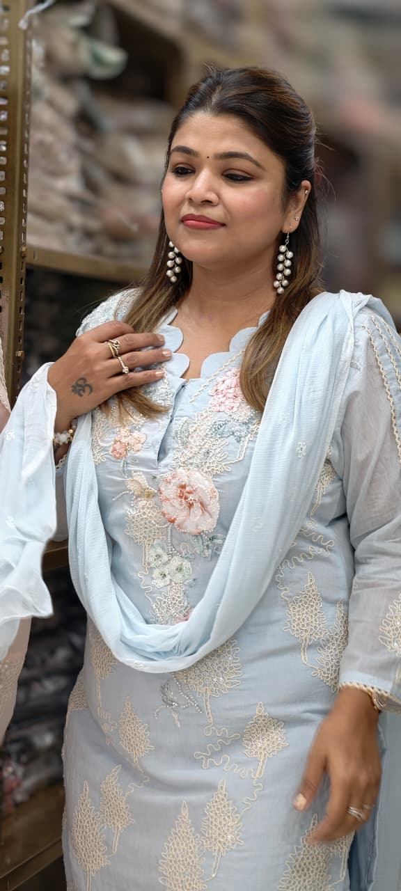 Ivory Pearl Scalloped Chikankari Premium Mul Chanderi Full Suit Set with 3D Floral Hand Embroidery- 14830 RB455