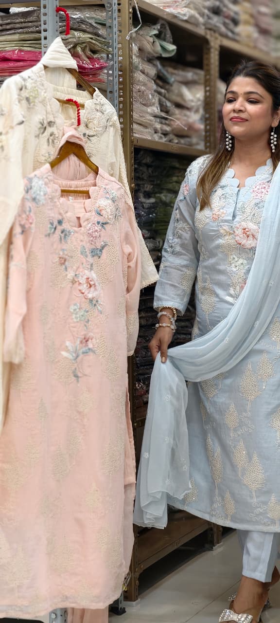 Ivory Pearl Scalloped Chikankari Premium Mul Chanderi Full Suit Set with 3D Floral Hand Embroidery- 14830 RB455