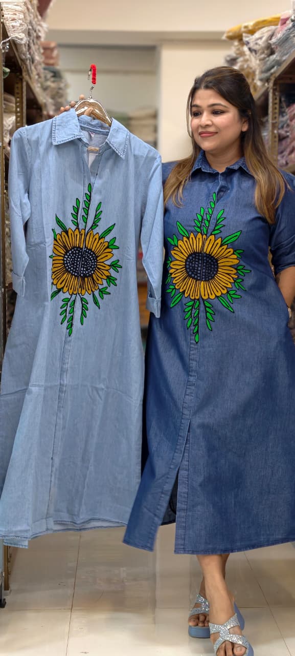 Giant Digital Floral Look Thread Embroidery Summer Cotton Denim Frock- 14802 RB467
