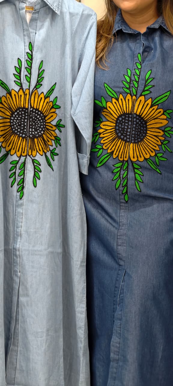 Giant Digital Floral Look Thread Embroidery Summer Cotton Denim Frock- 14802 RB467