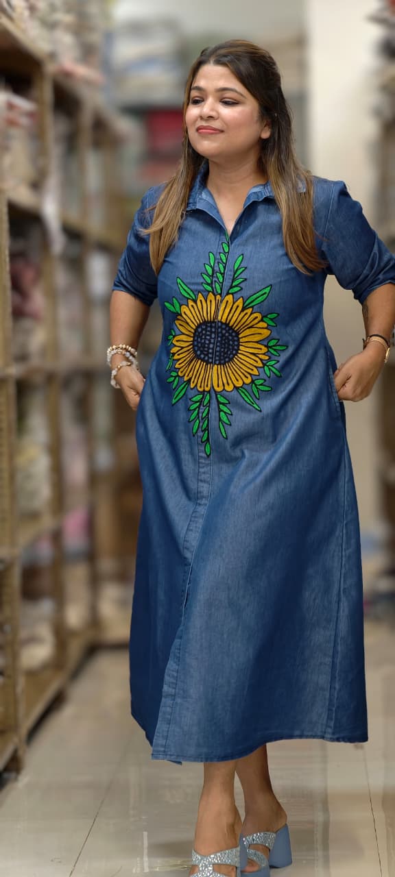Giant Digital Floral Look Thread Embroidery Summer Cotton Denim Frock- 14802 RB467