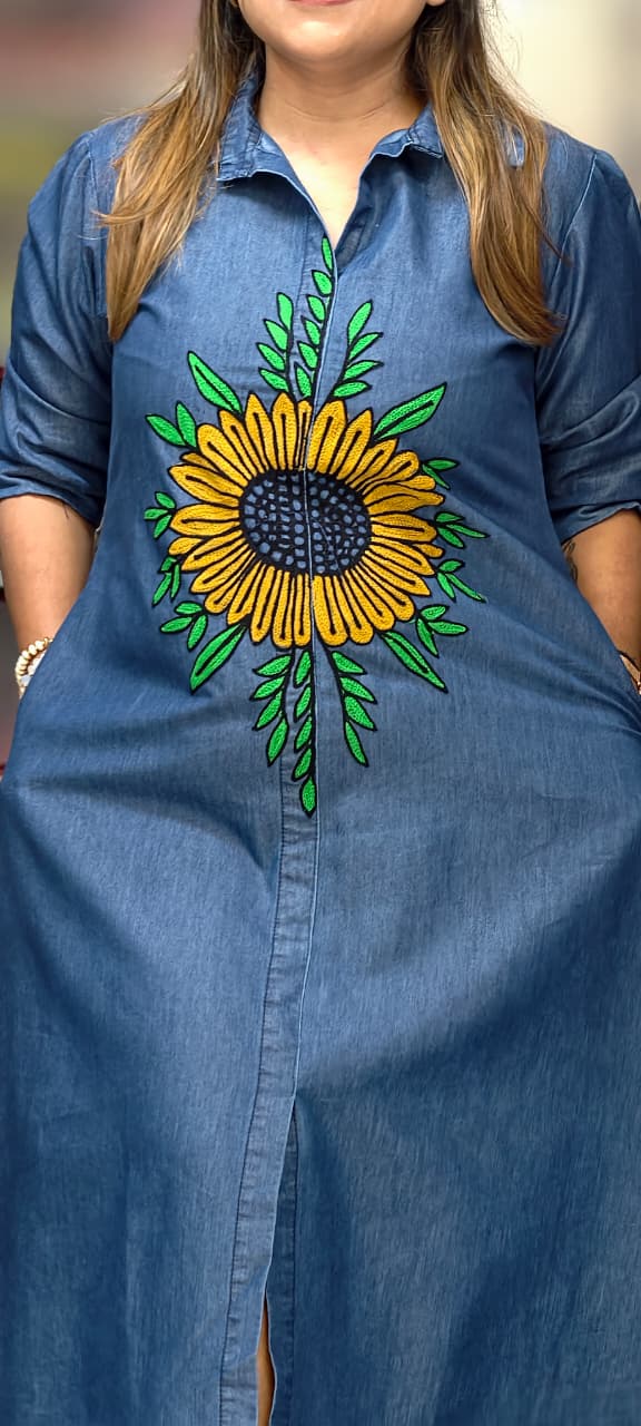 Giant Digital Floral Look Thread Embroidery Summer Cotton Denim Frock- 14802 RB467