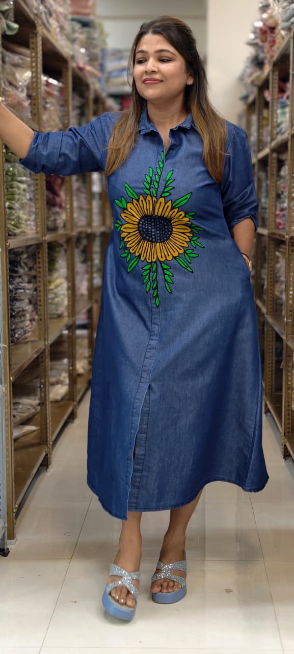 Giant Digital Floral Look Thread Embroidery Summer Cotton Denim Frock- 14802 RB467