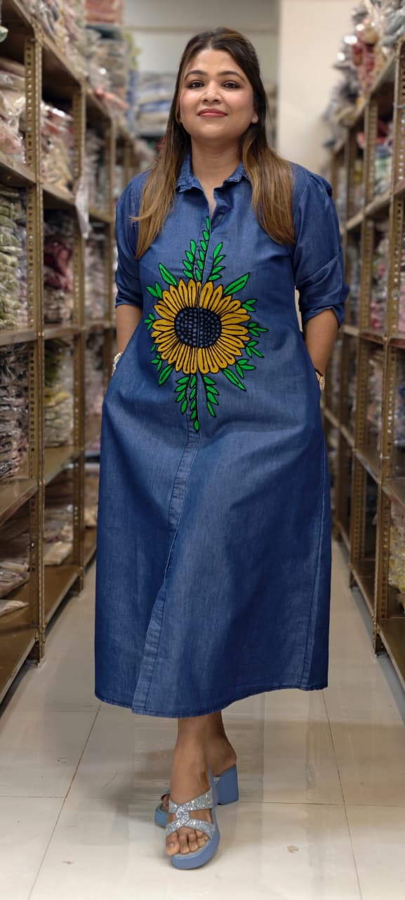 Giant Digital Floral Look Thread Embroidery Summer Cotton Denim Frock- 14802 RB467