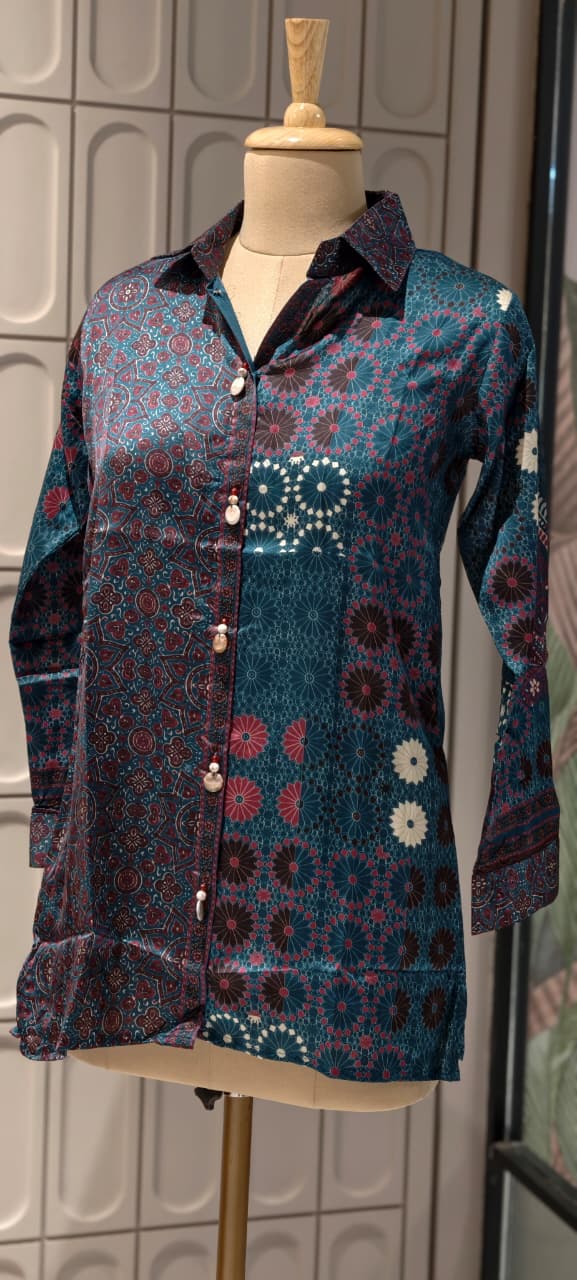 Abstract Gajji Silk-Blend Kaleidoscope Print Button-Down Shirt-14837  RB475