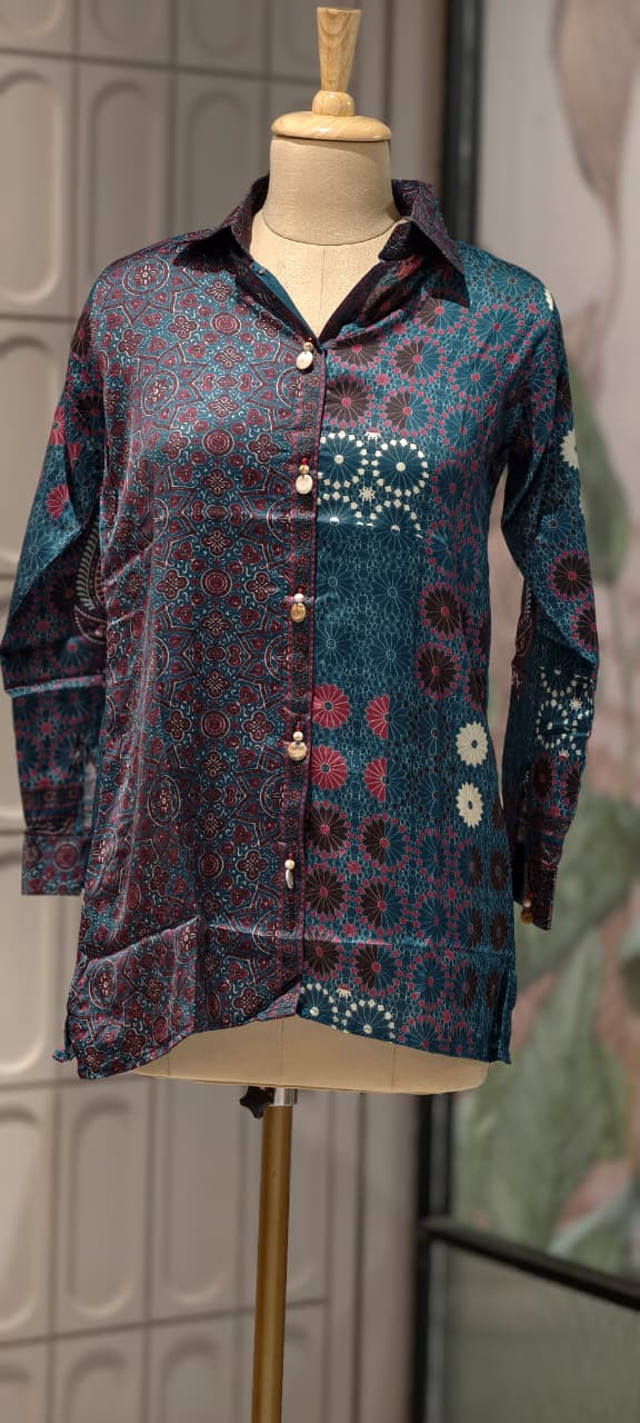 Abstract Gajji Silk-Blend Kaleidoscope Print Button-Down Shirt-14837  RB475