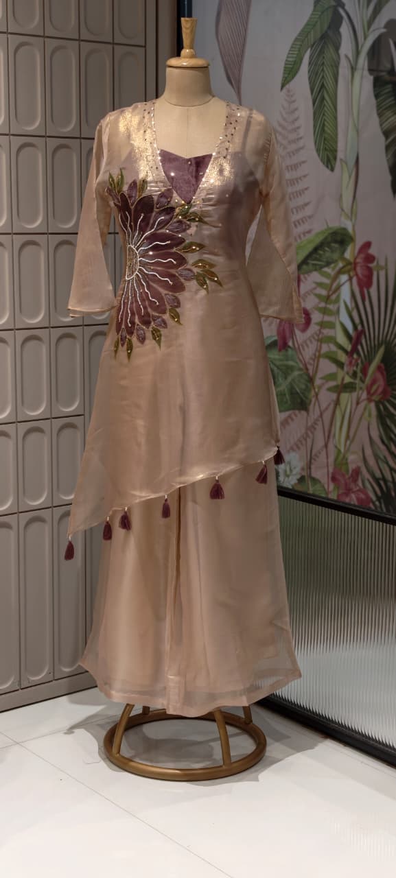 Digital Floral Print Golden Highlights Kurta With Buster & Bottom In Tissue Fabric- 14318,14 RB218