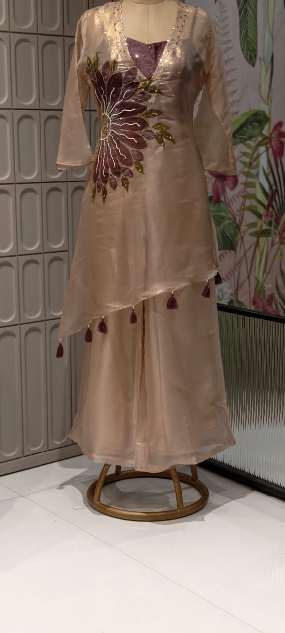 Digital Floral Print Golden Highlights Kurta With Buster & Bottom In Tissue Fabric- 14318,14 RB218