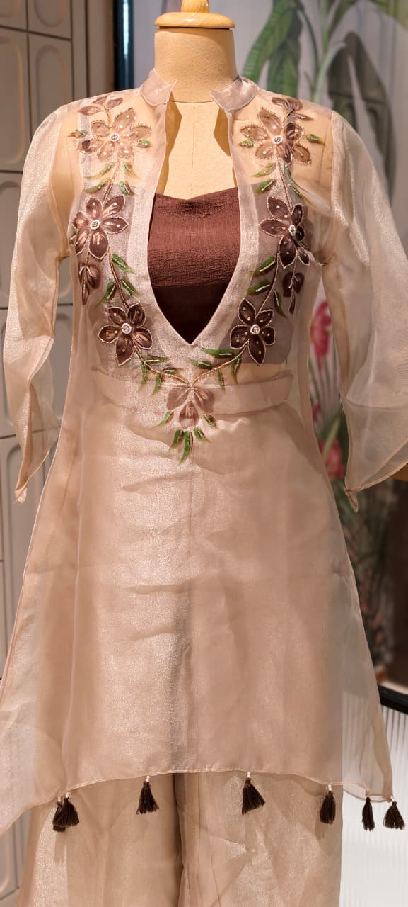 Elegant Digital Floral Print Tasseled Kurta With Buster & Bottom In Tissue Fabric- 14315,17 RB217