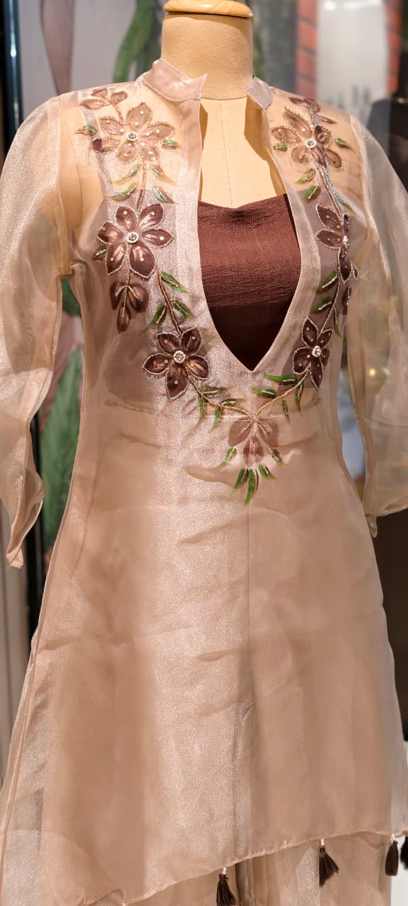 Elegant Digital Floral Print Tasseled Kurta With Buster & Bottom In Tissue Fabric- 14315,17 RB217