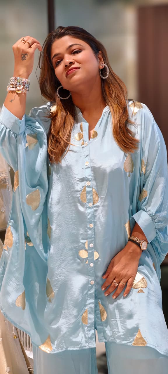 Powder Blue Golden Embossed Highlights Flowy Crepe Pathani Style Over Sized Co-Ord Set- 14849 RB484