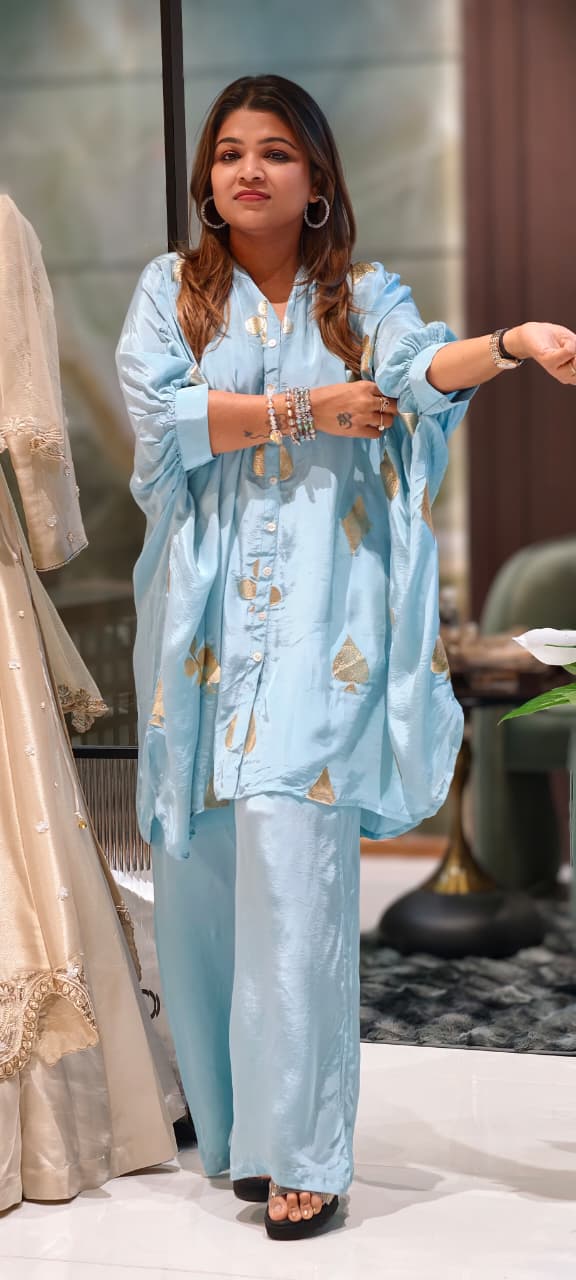 Powder Blue Golden Embossed Highlights Flowy Crepe Pathani Style Over Sized Co-Ord Set- 14849 RB484