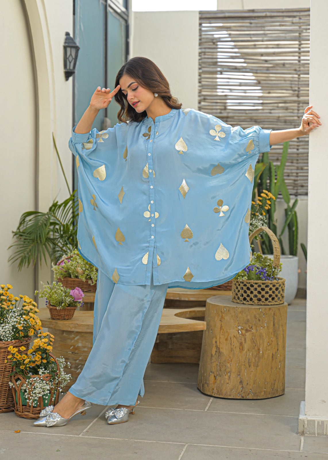 Powder Blue Golden Embossed Highlights Flowy Crepe Pathani Style Over Sized Co-Ord Set- 14849 RB484