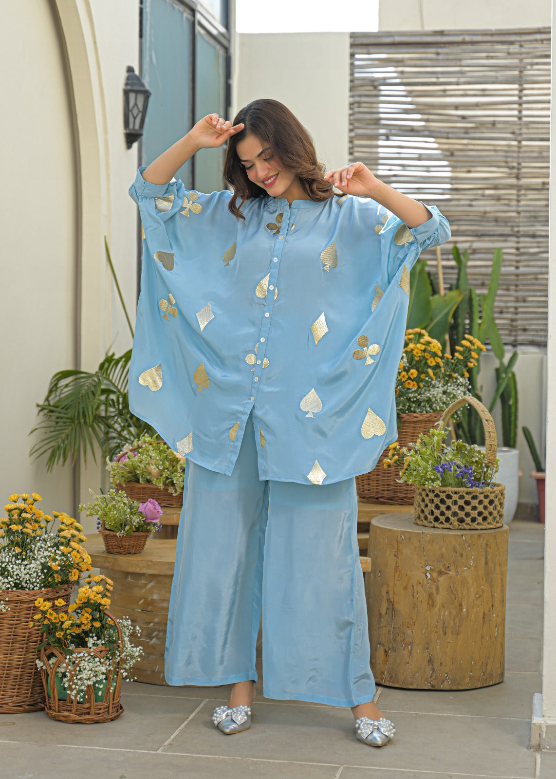 Powder Blue Golden Embossed Highlights Flowy Crepe Pathani Style Over Sized Co-Ord Set- 14849 RB484