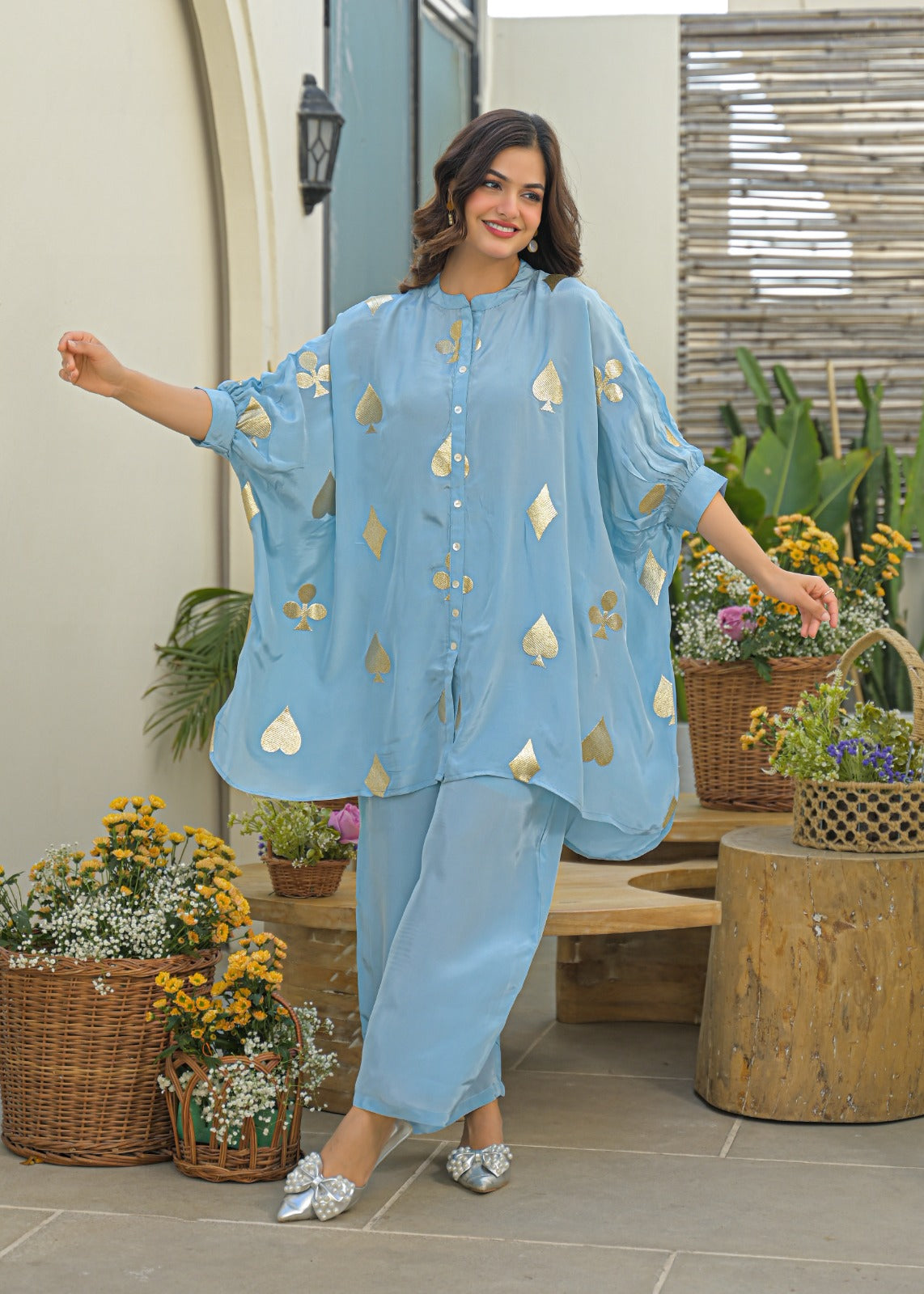 Powder Blue Golden Embossed Highlights Flowy Crepe Pathani Style Over Sized Co-Ord Set- 14849 RB484