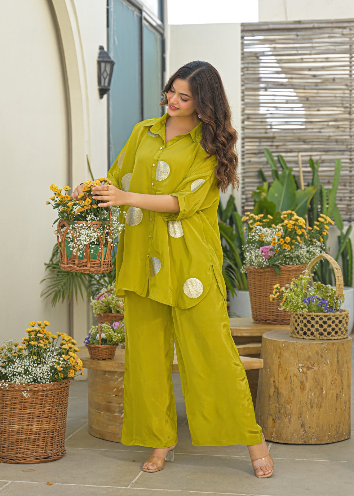 Powder Blue Golden Embossed Highlights Flowy Crepe Pathani Style Over Sized Co-Ord Set- 14849 RB484