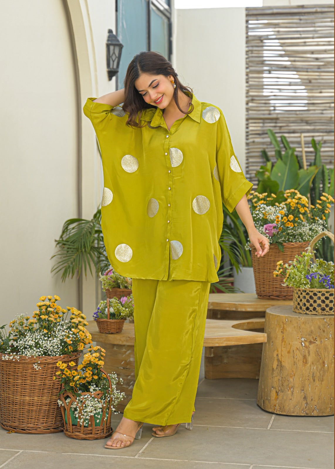 Powder Blue Golden Embossed Highlights Flowy Crepe Pathani Style Over Sized Co-Ord Set- 14849 RB484
