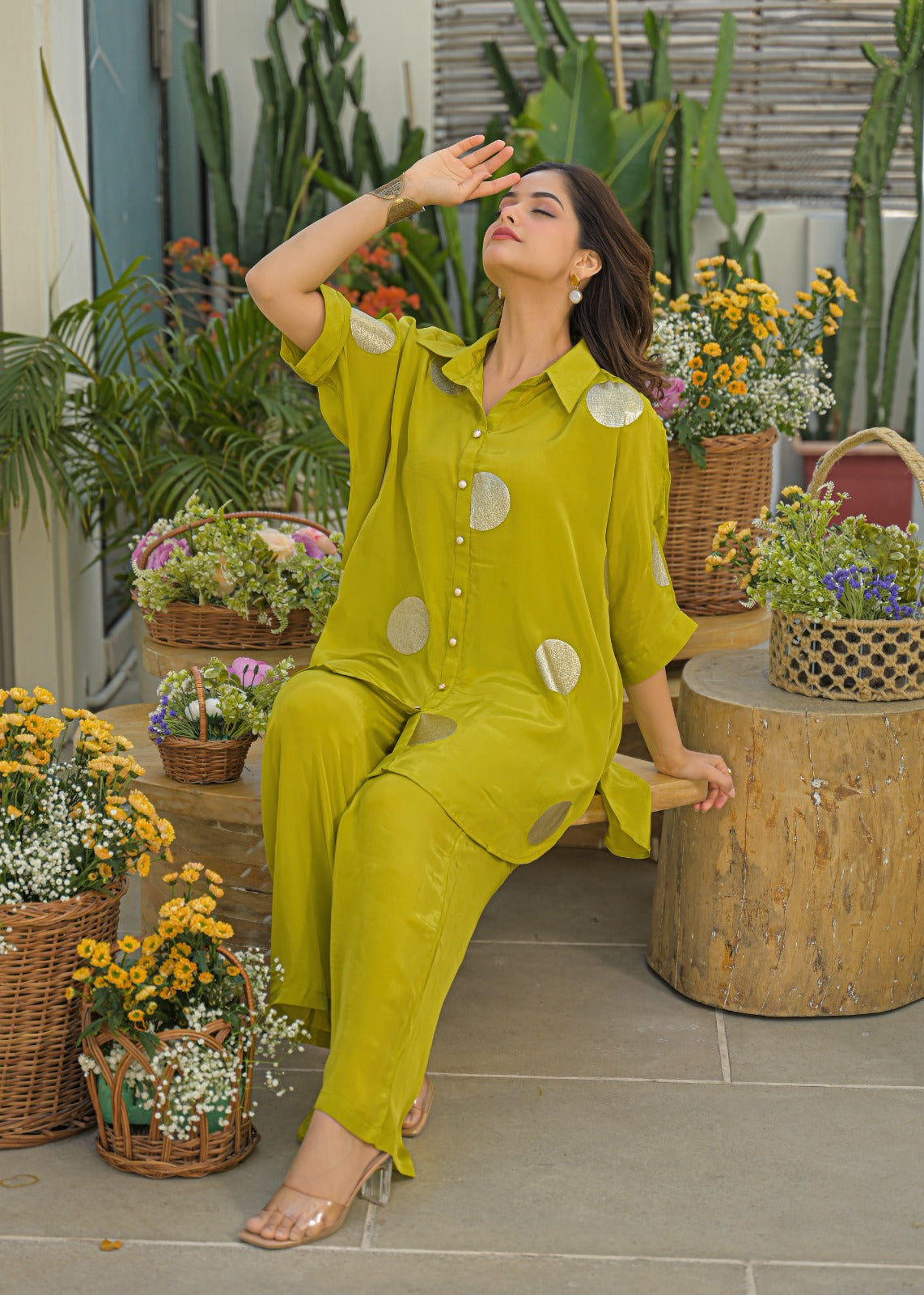 Powder Blue Golden Embossed Highlights Flowy Crepe Pathani Style Over Sized Co-Ord Set- 14849 RB484