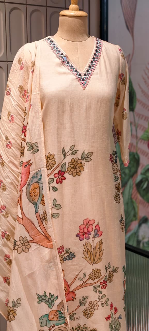 Pastel Peach Floral & Bird Patchwork Linen Full Suit Set with Mirror-Work Neckline- 14568 RB499