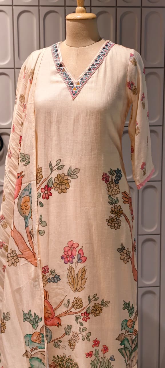 Pastel Peach Floral & Bird Patchwork Linen Full Suit Set with Mirror-Work Neckline- 14568 RB499